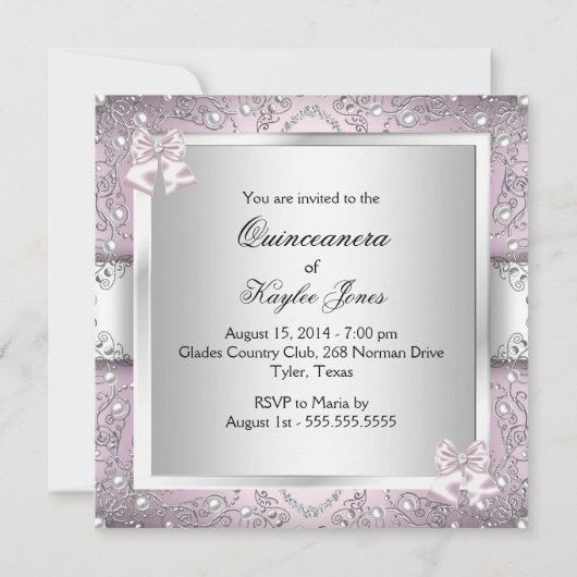 Silver & Pink Damask Pearl Quinceanera Uitnodiging (Achterkant)