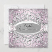 Silver & Pink Damask Pearl Quinceanera Uitnodiging (Voorkant)