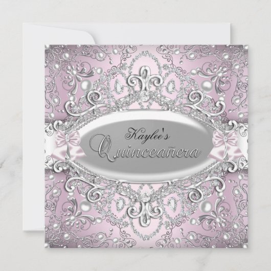 Silver & Pink Damask Pearl Quinceanera Uitnodiging (Voorkant)
