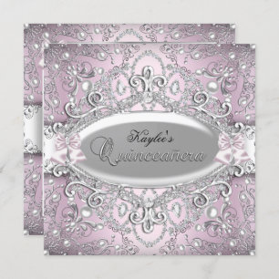 Silver & Pink Damask Pearl Quinceanera Uitnodiging