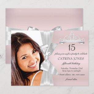 Silver Pink Diamond Bow Tiara Quinceanera Invite Kaart