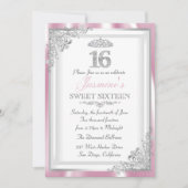 Silver Pink Diamond Damask & Tiara Sweet 16 Invite Kaart (Voorkant)