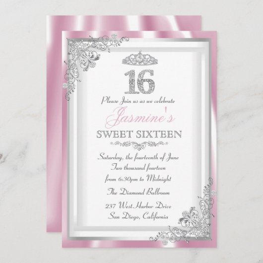 Silver Pink Diamond Damask & Tiara Sweet 16 Invite Kaart (Voorkant / Achterkant)