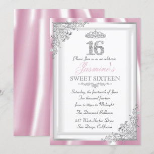 Silver Pink Diamond Damask & Tiara Sweet 16 Invite Kaart