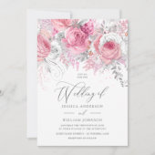 Silver & Pink Enchanted Floral Wedding Invitation Kaart (Voorkant)