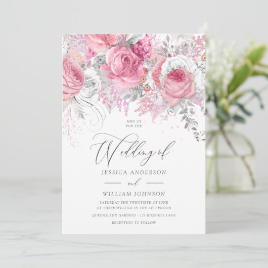 Silver & Pink Enchanted Floral Wedding Invitation Kaart (Staand voorkant)