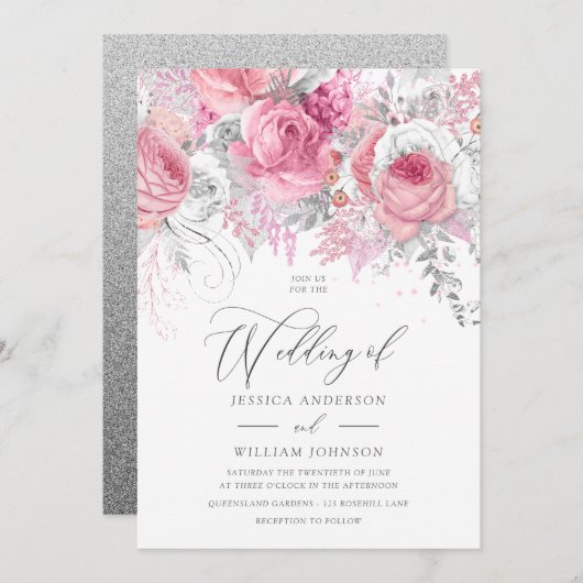 Silver & Pink Enchanted Floral Wedding Invitation Kaart (Voorkant / Achterkant)