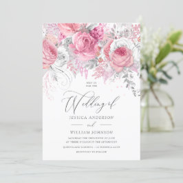 Silver & Pink Enchanted Floral Wedding Invitation Kaart