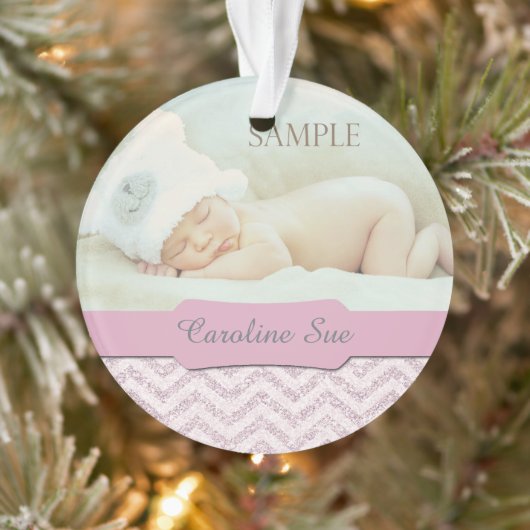 Silver Pink Faux Glitter Baby eerste kerstfoto Ornament (Boom)