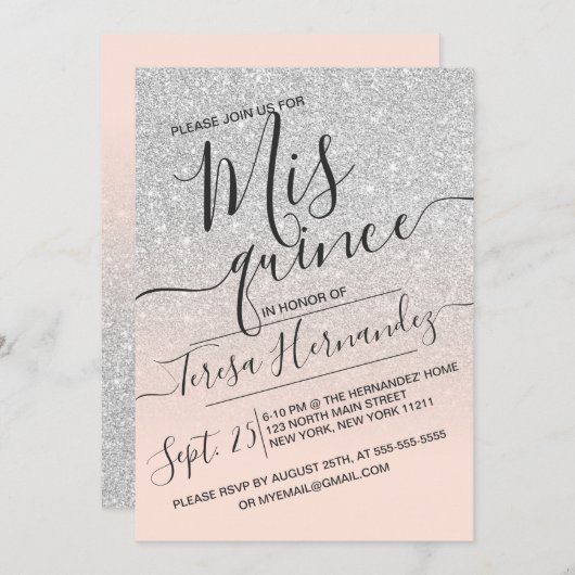 Silver Pink Faux Sparkly Glitter Ombre Quinceañera Kaart (Voorkant / Achterkant)