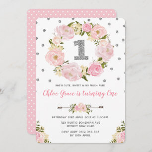 Silver Pink Floral First 1e verjaardag Party Invit Kaart
