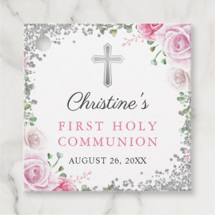 Silver Pink Floral First Heilige Communie Dank u Bedankjes Labels