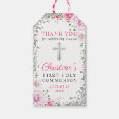 Silver Pink Floral First Heilige Communie Dank u Cadeaulabel (Voorkant)