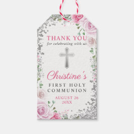 Silver Pink Floral First Heilige Communie Dank u Cadeaulabel