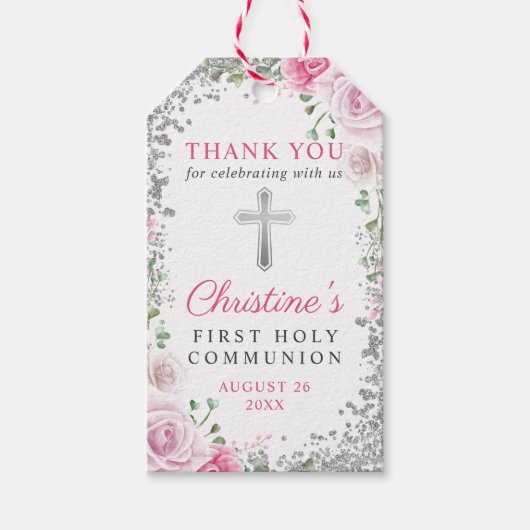 Silver Pink Floral First Heilige Communie Dank u Cadeaulabel (Voorkant)