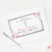 Silver Pink Floral First Heilige Communie Dank u Rechthoekige Sticker (Envelop)