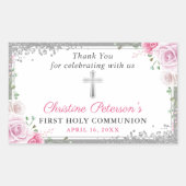 Silver Pink Floral First Heilige Communie Dank u Rechthoekige Sticker (Voorkant)