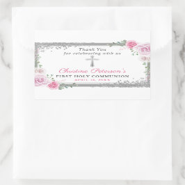 Silver Pink Floral First Heilige Communie Dank u Rechthoekige Sticker