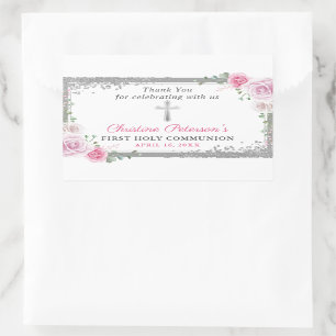 Silver Pink Floral First Heilige Communie Dank u Rechthoekige Sticker