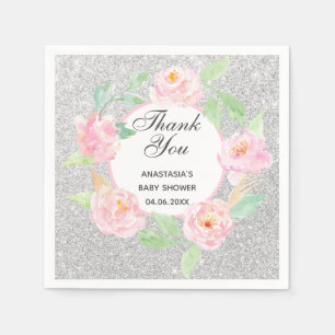 Silver & Pink Floral Hartelijk dank, Baby shower Servet