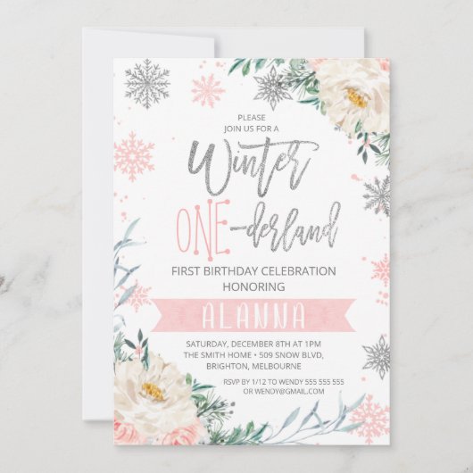 Silver Pink Floral Winter Onederland 1ste verjaard Kaart (Voorkant)