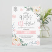 Silver Pink Floral Winter Onederland 1ste verjaard Kaart (Staand voorkant)