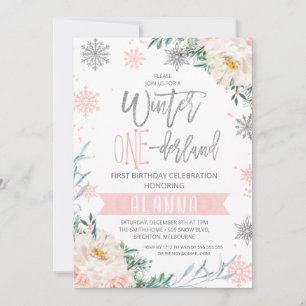 Silver Pink Floral Winter Onederland 1ste verjaard Kaart