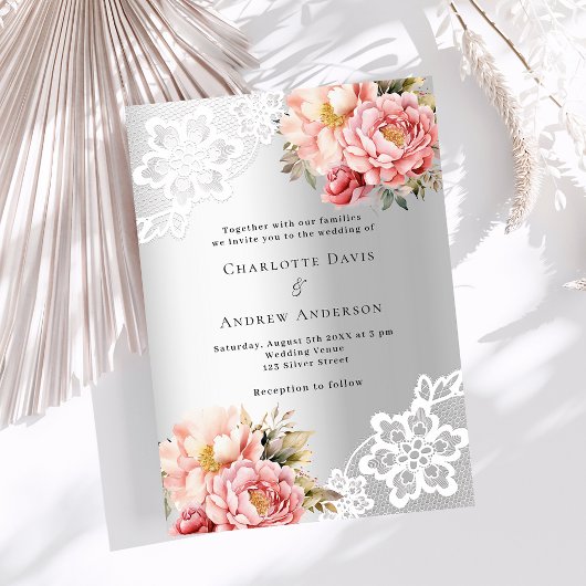 Silver pink florals wedding kaart