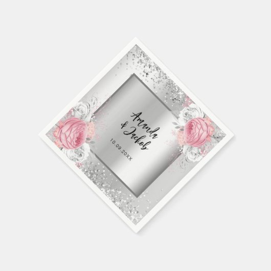 Silver pink florals wedding servet (Hoek)