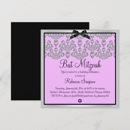 Silver & Pink Forever Diamonds Bat Mitswa Uitnodig Kaart (Voorkant / Achterkant)