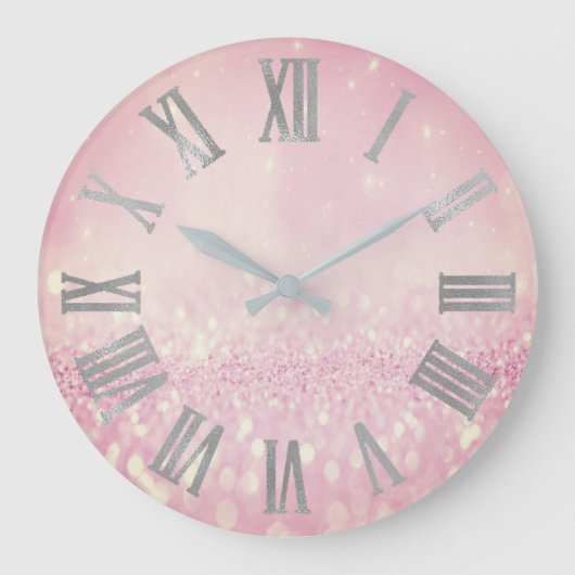 Silver Pink Glitter Blush Metallic Roman Nummers Grote Klok (Voorkant)