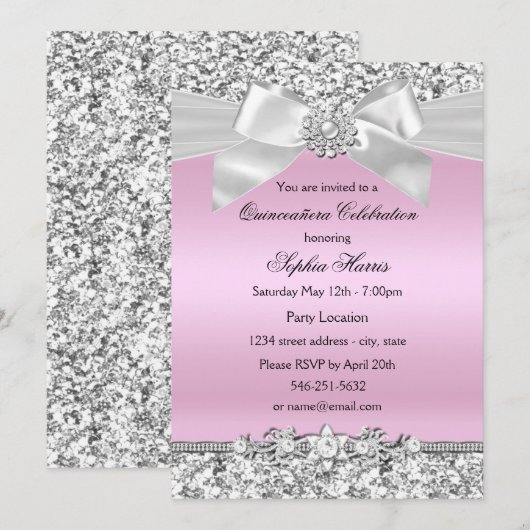 Silver Pink Glitter Jewel Bow Quinceanera Birthday Kaart (Voorkant / Achterkant)