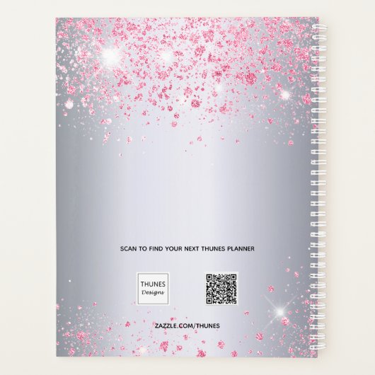 Silver pink glitter name monogram 2023 planner (Achterkant)