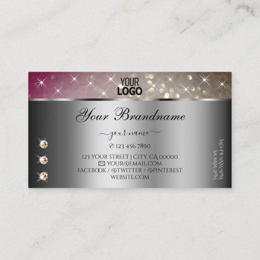 Silver Pink Gold Glitter Strass en Logo Chic Visitekaartje (Achterkant)