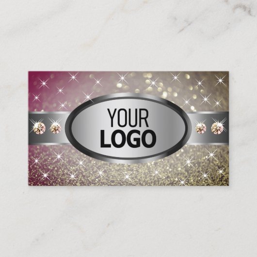 Silver Pink Gold Glitter Strass en Logo Chic Visitekaartje (Voorkant)
