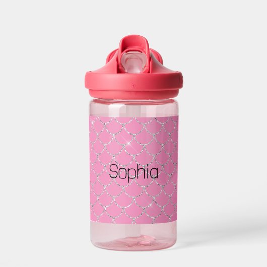 Silver Pink Mermaid Name Waterfles (Voorkant)