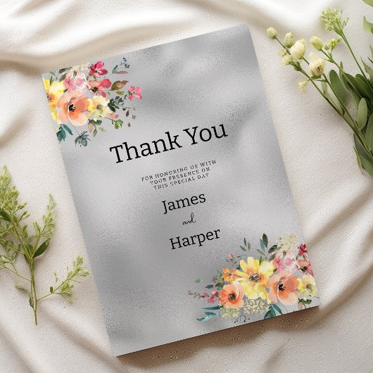 Silver pink orange mint floral theme Thank You Kaart