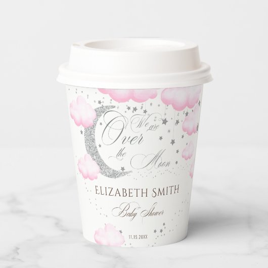 Silver Pink Over the Moon Girl Baby shower Papieren Bekers (Achterkant)