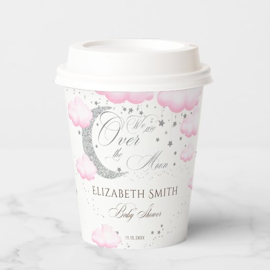Silver Pink Over the Moon Girl Baby shower Papieren Bekers (Voorkant)