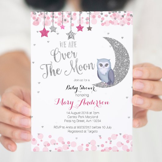 Silver Pink Owl Moon Baby shower Kaart