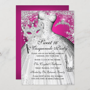 Silver Pink Princess Masquerade Sweet 16 Invite Kaart