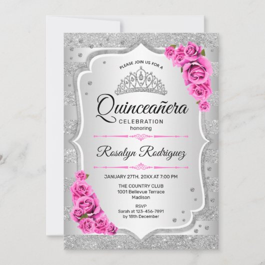 Silver Pink Quinceanera Kaart (Voorkant)