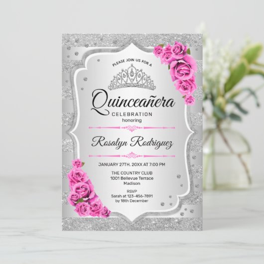 Silver Pink Quinceanera Kaart (Staand voorkant)