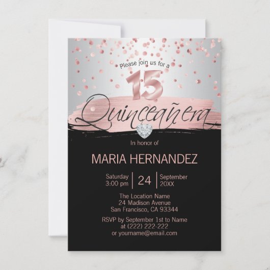 Silver Pink Rose Gold Foil Black QUINCEANERA 15 Kaart (Voorkant)