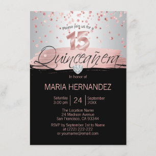 Silver Pink Rose Gold Foil Black QUINCEANERA 15 Kaart