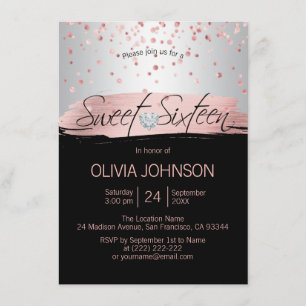 Silver Pink Rose Gold Foil Black SWEET SIXTEEN 16 Kaart