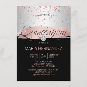 Silver Pink Rose Gold Folie Zwart QUINCEANERA 15 Kaart