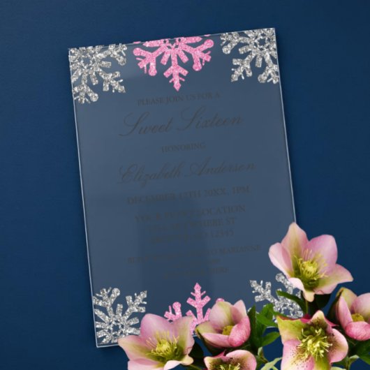 Silver Pink Snowflake Winter Sweet 16 Acryl Uitnodigingen