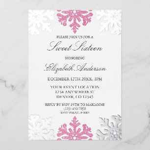 Silver Pink Snowflake Winter Sweet 16 Folie Uitnodiging
