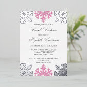 Silver Pink Snowflake Winter Sweet 16 Folie Uitnodiging (Staand Voorkant)